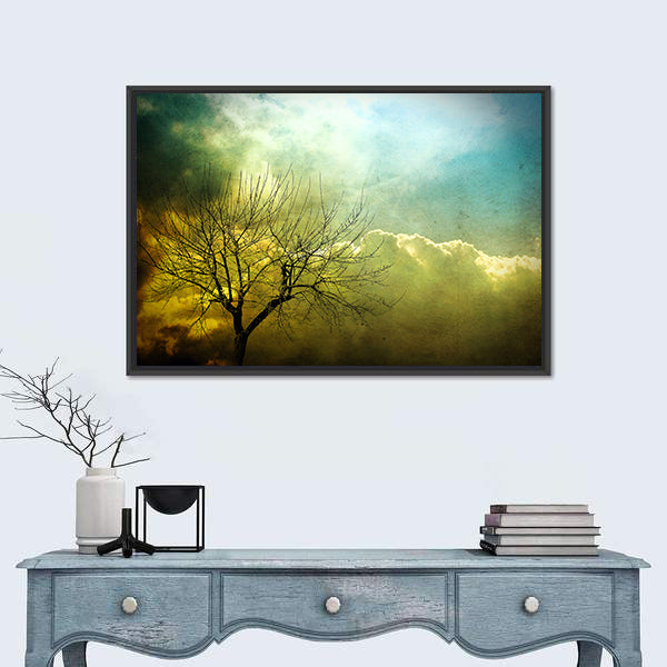Grunge Leafless Tree with Backlit Clouds Canvas Wall Art