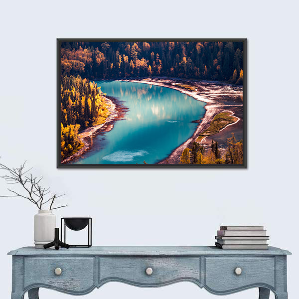 Xinjiang Kanas River In China Canvas Wall Art in green, turquoise and blue, framed canvas shown in a room