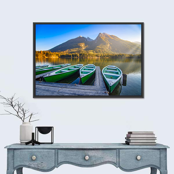 Green Rowboats on Mountain Lake Canvas Wall Art
