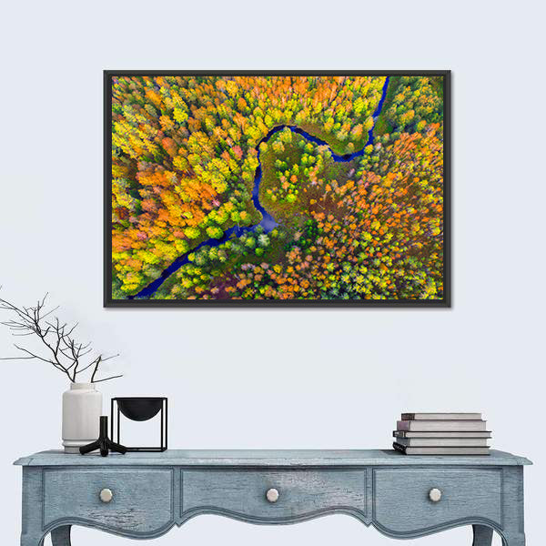 River In Autumn Forest Canvas Wall Art