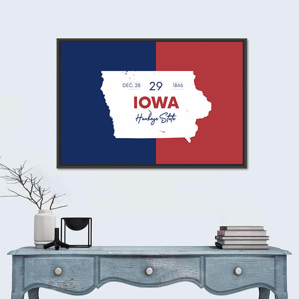 Iowa State Map with Hawkeye Script Canvas Wall Art