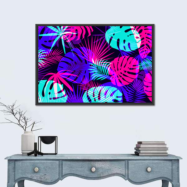 Neon Tropical Leaves Pattern Canvas Wall Art