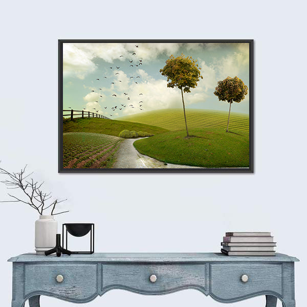 Winding Path Through Surreal Green Hills Canvas Wall Art