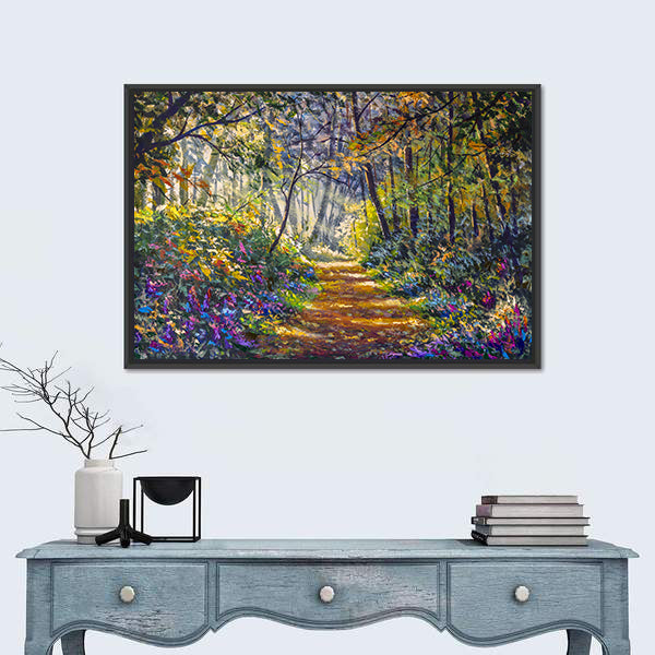 Sunlit Forest Path with Wildflowers Canvas Wall Art