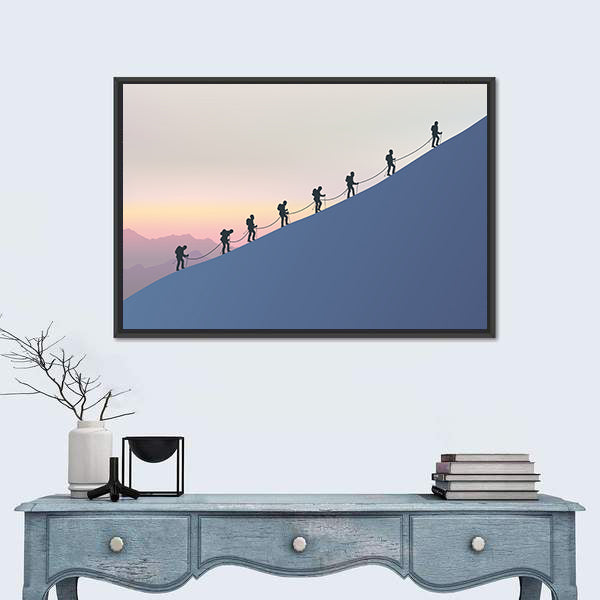 Roped Mountaineers on Slanted Blue Slope Canvas Wall Art
