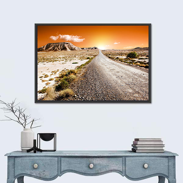 Sunset Desert Landscape With Road Canvas Wall Art