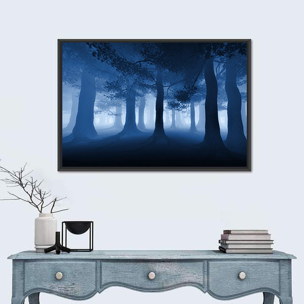 Dark Blue Forest With A Ray Of Light Canvas Wall Art