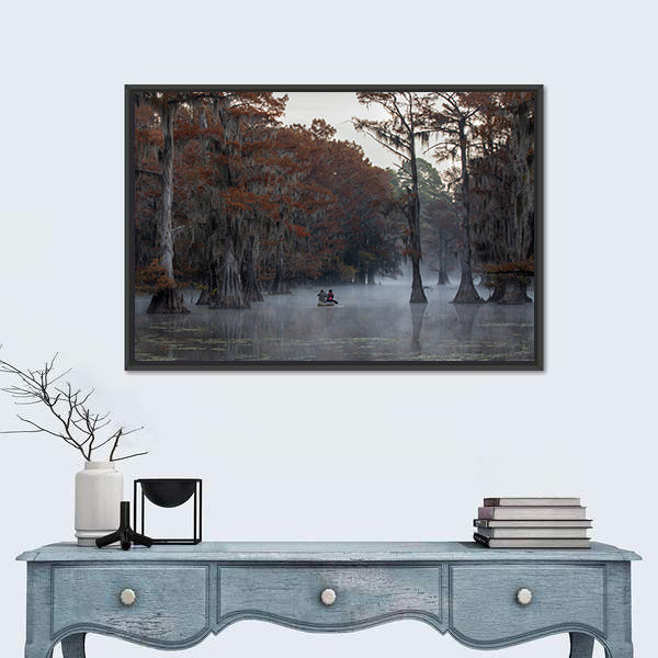 Couple Canoing At Caddo Lake In Texas Louisiana Canvas Wall Art