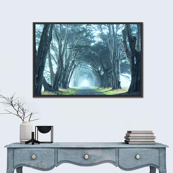Misty Trees Alley In Foggy Weather Canvas Wall Art