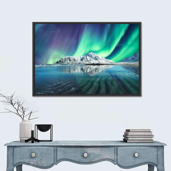 Northern Lights On Snowy Mountain In Lofoten Islands Canvas Wall Art