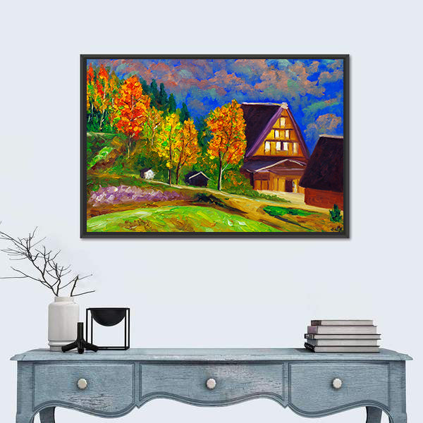 Autumn Gassho-zukuri Village with Glowing Windows Canvas Wall Art