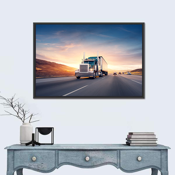 American Style Truck On Freeway Pulling Load Canvas Wall Art