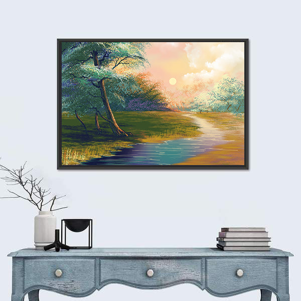 River In Spring Forest Sunset Canvas Wall Art