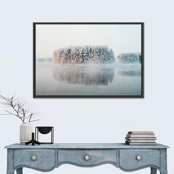 Unfrozen Lake In Winter Forests Of Karelia Russia Canvas Wall Art
