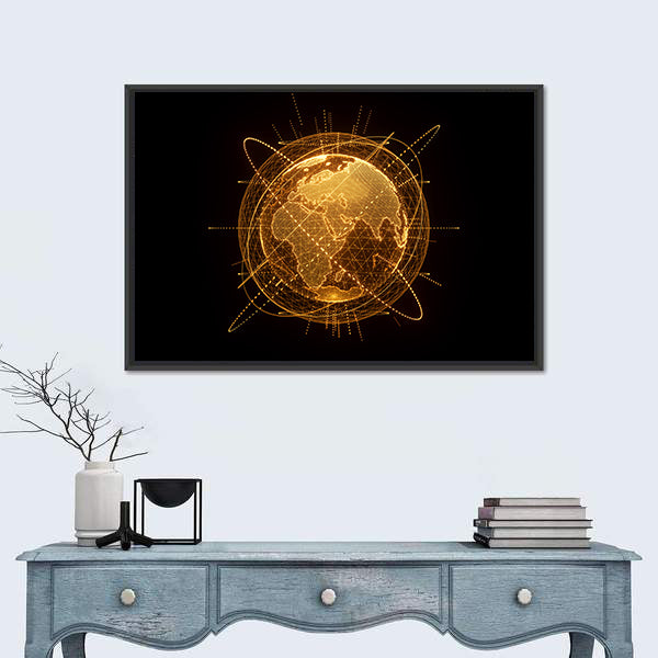 Global Network Wireframe Globe Canvas Wall Art