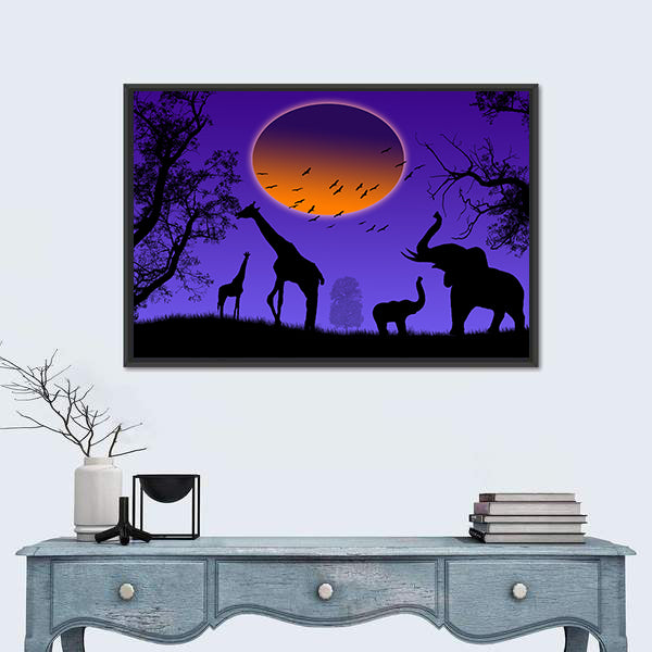 Moonlit Jungle Animal Silhouettes Canvas Wall Art