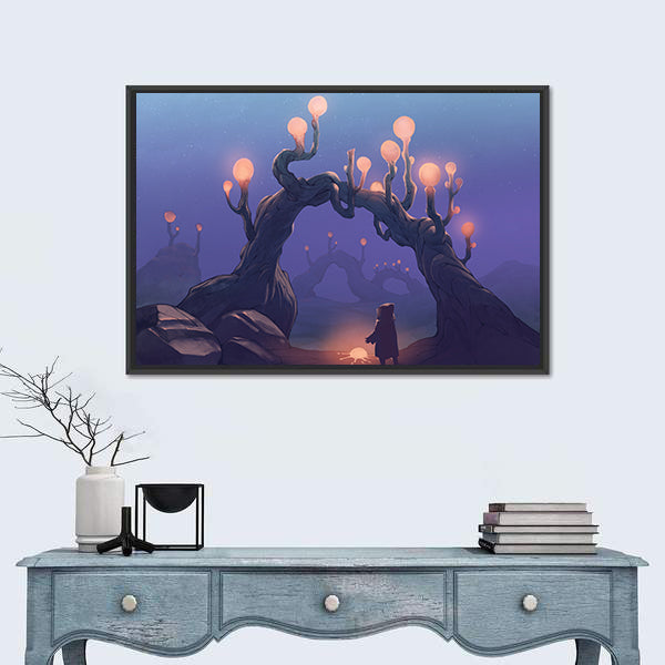 Surreal Jungle with Cloaked Figure Canvas Wall Art