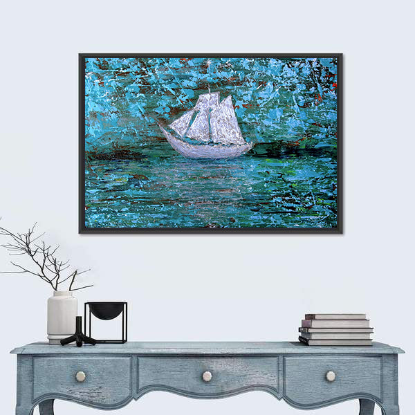 White Three-masted Sailboat at Twilight Canvas Wall Art