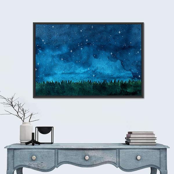 Grass Meadow With Night Sky Canvas Wall Art