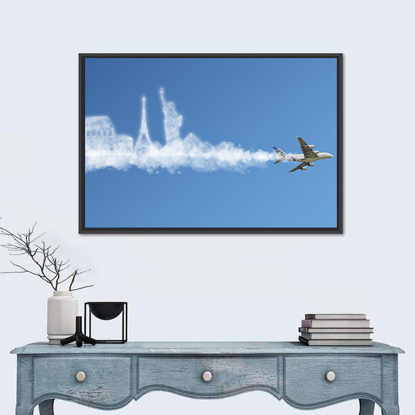 Commercial Jet with Landmark Smoke Trail Canvas Wall Art
