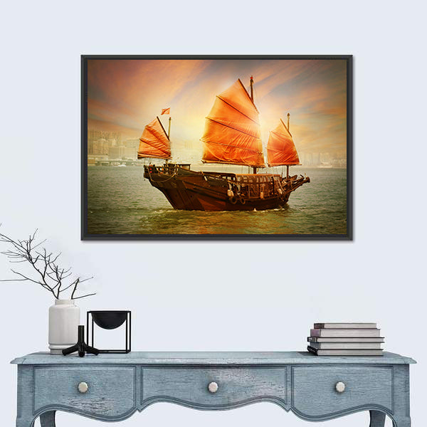 Chinese Junk Boat at Sunset Canvas Wall Art