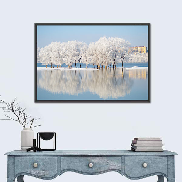 Winter Landscape By The River Canvas Wall Art