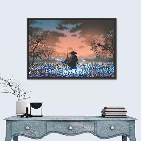 Ancient Samurai in Flowered Meadow Canvas Wall Art