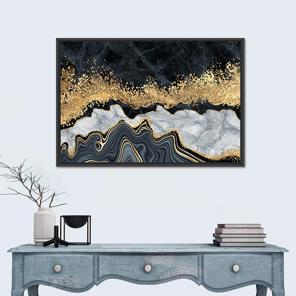 Gold-accented Black and White Marble Abstract Canvas Wall Art