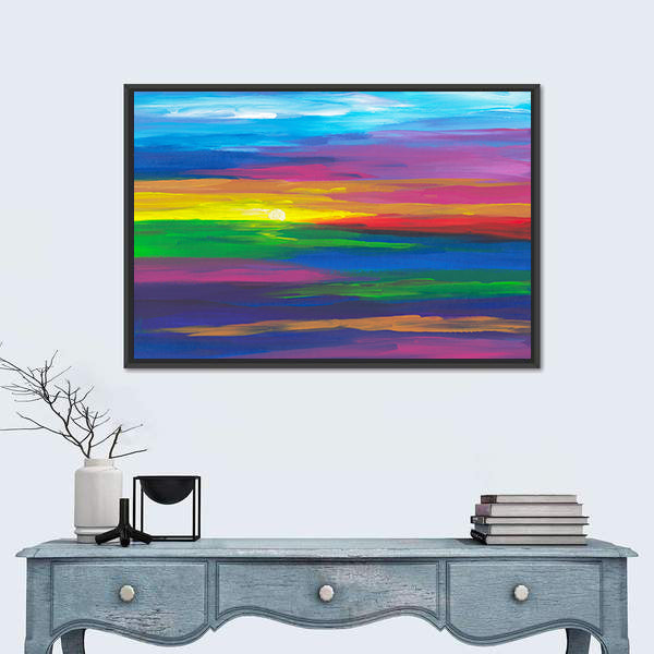 Abstract Sunset Landscape with Impasto Sun Canvas Wall Art