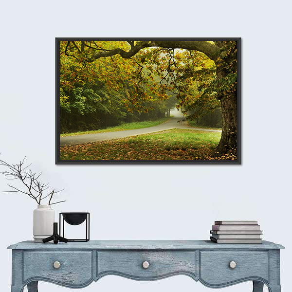 Misty Autumn Forked Path Canvas Wall Art