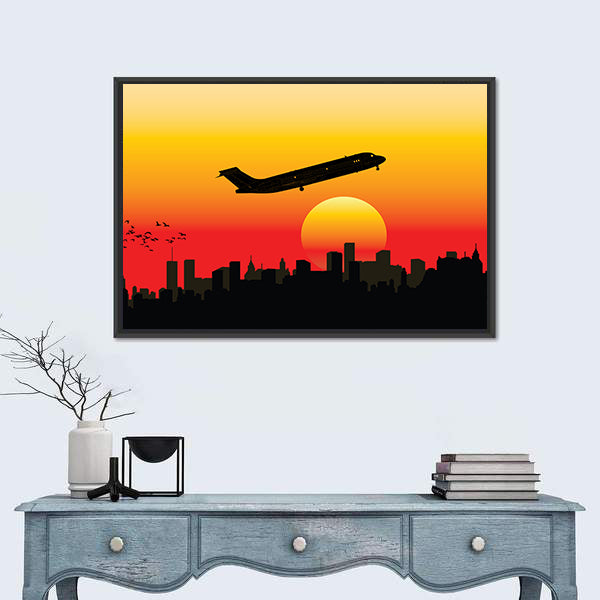 Passenger Jet Silhouette at Sunset Canvas Wall Art