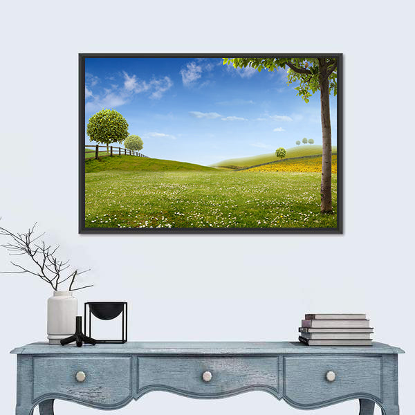 Summer Green Fields with Daisies Canvas Wall Art