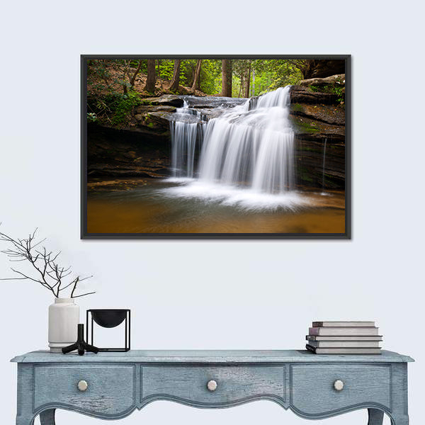 Cascading Forest Waterfall Over Layered Rocks Canvas Wall Art