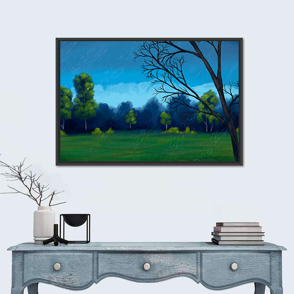Rainy Green Field with Bare-branched Tree Canvas Wall Art