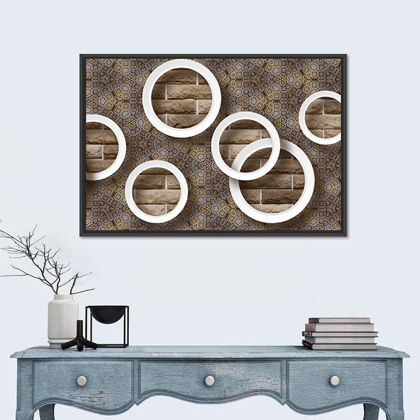3d White Rings Over Brick Geometric Mural Canvas Wall Art