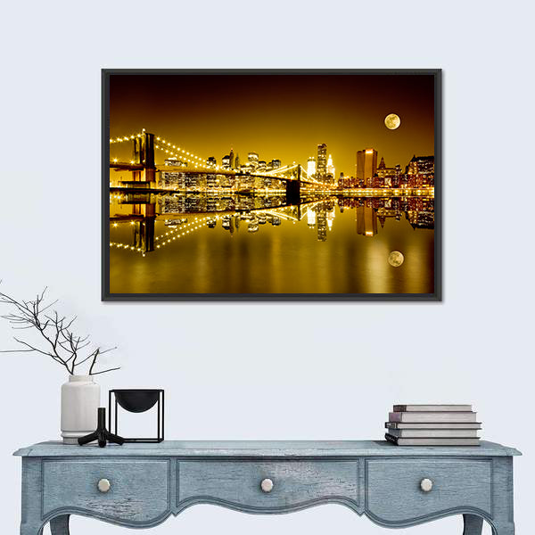 Moonlit Brooklyn Bridge and Lower Manhattan Canvas Wall Art