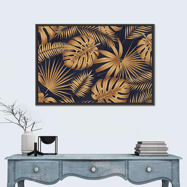 Golden Monstera and Palm Leaves Canvas Wall Art