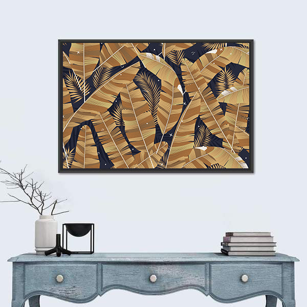 Banana Leaves Pattern in Navy and Gold Canvas Wall Art