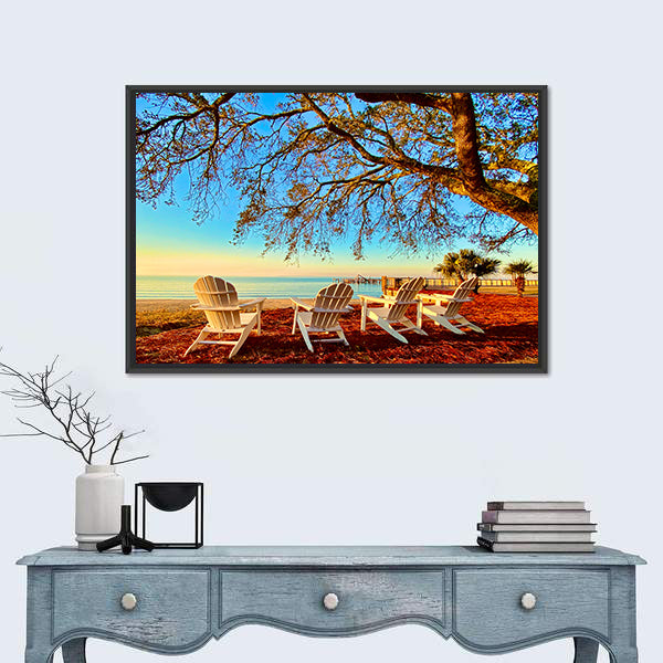 Four White Adirondack Chairs at Sunset Canvas Wall Art