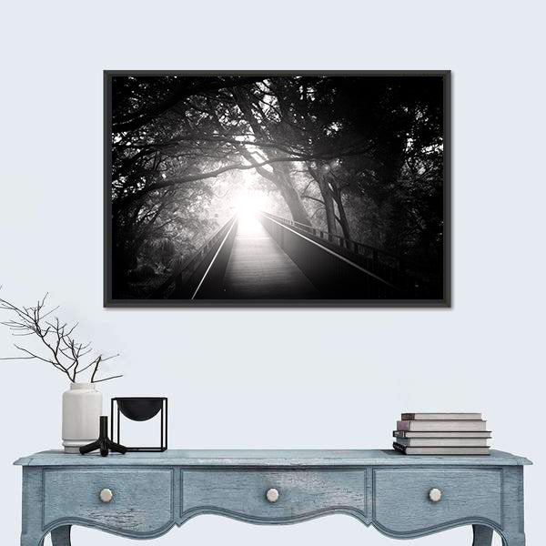 Wooden Bridge Into Sunlit Forest Canvas Wall Art