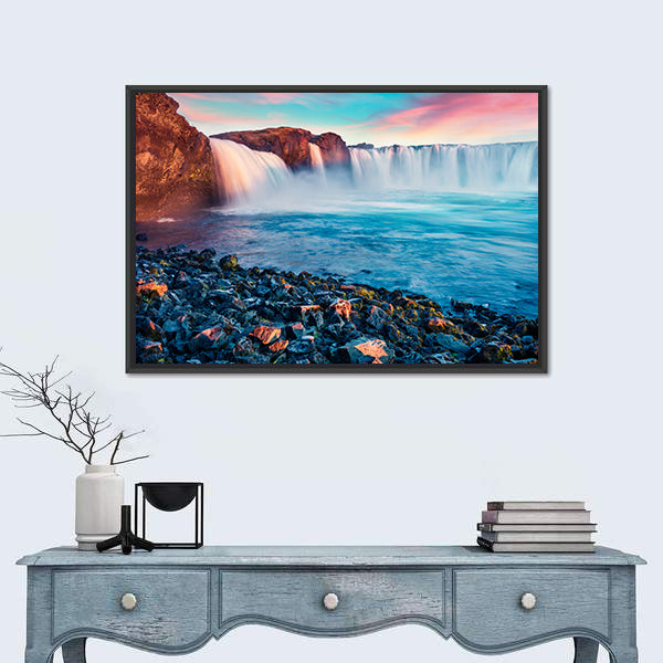 Skjalfandafljot River And Godafoss Waterfall In Iceland Canvas Wall Art