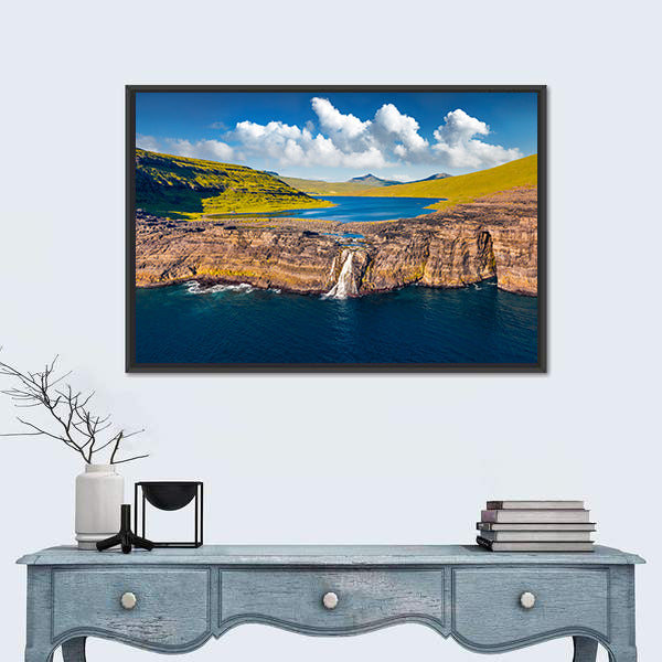 Bosdalafossur Waterfall And Sorvagsvatn Lake In Denmark Canvas Wall Art
