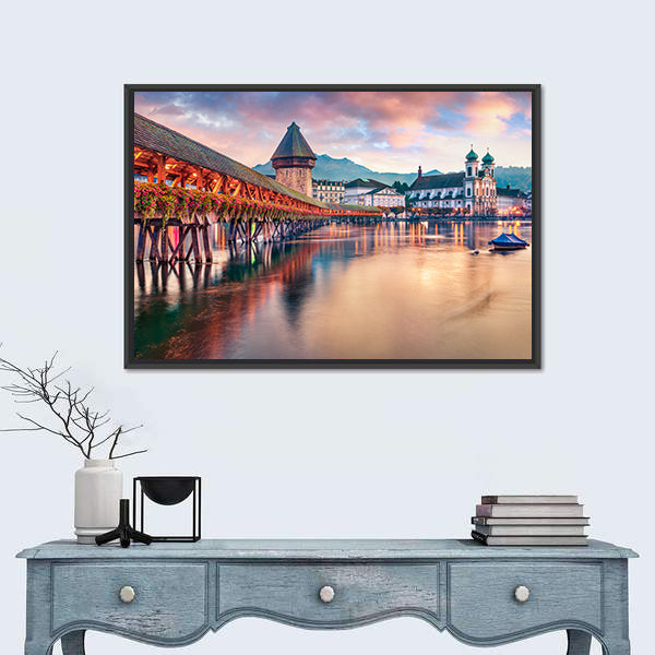 Old Wooden Chapel Bridge Kapellbrucke In Switzerland Canvas Wall Art