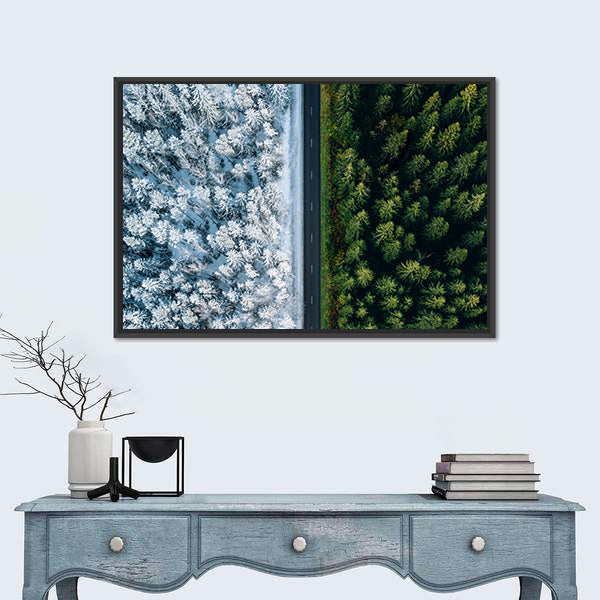 Highway Road Through Forest In Summer And Winter Canvas Wall Art