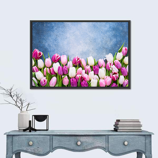 Border Of Pink And White Tulips Canvas Wall Art