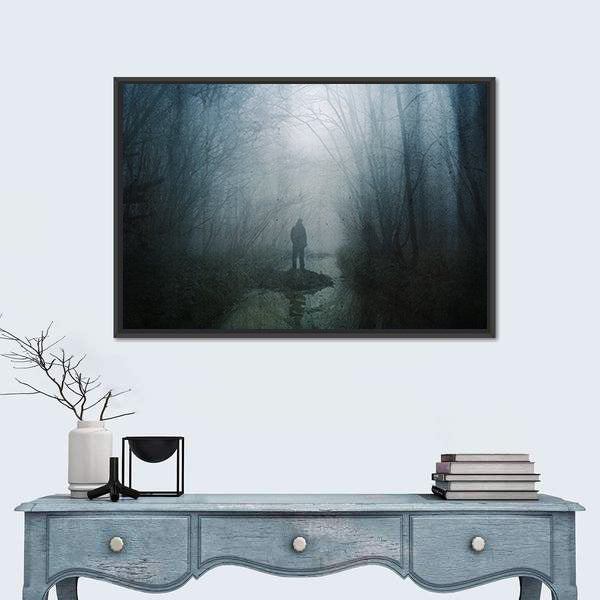 Silhouette at Stream in Misty Forest Canvas Wall Art