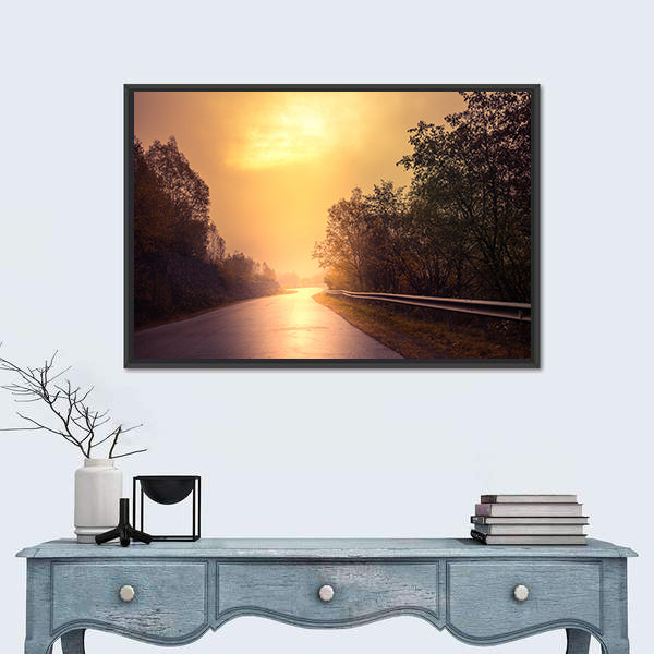 Windy Road Among The Forest At Sunset Canvas Wall Art