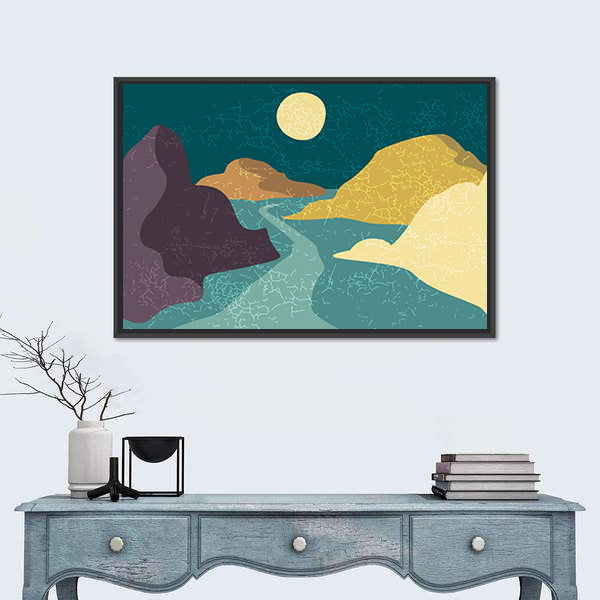 Teal and Purple Moonlit Mountain Abstract Canvas Wall Art