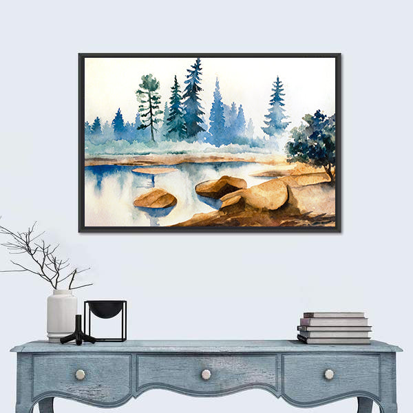 Watercolor Lake Landscape Canvas Wall Art