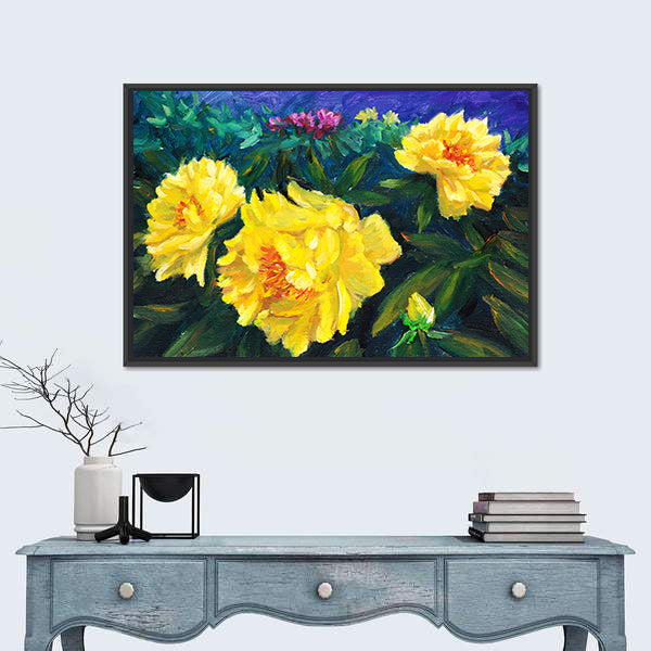 Blooming Yellow Peonies with Textured Blue Background Canvas Wall Art